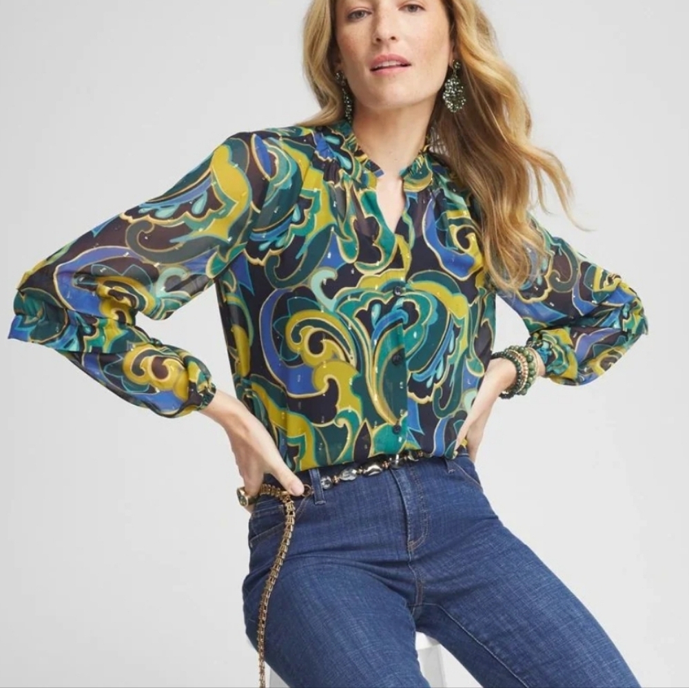 Chico's Chiffon Clip‎ Dot Swirl Sheer Blouse Top Size 12 Button Down Front